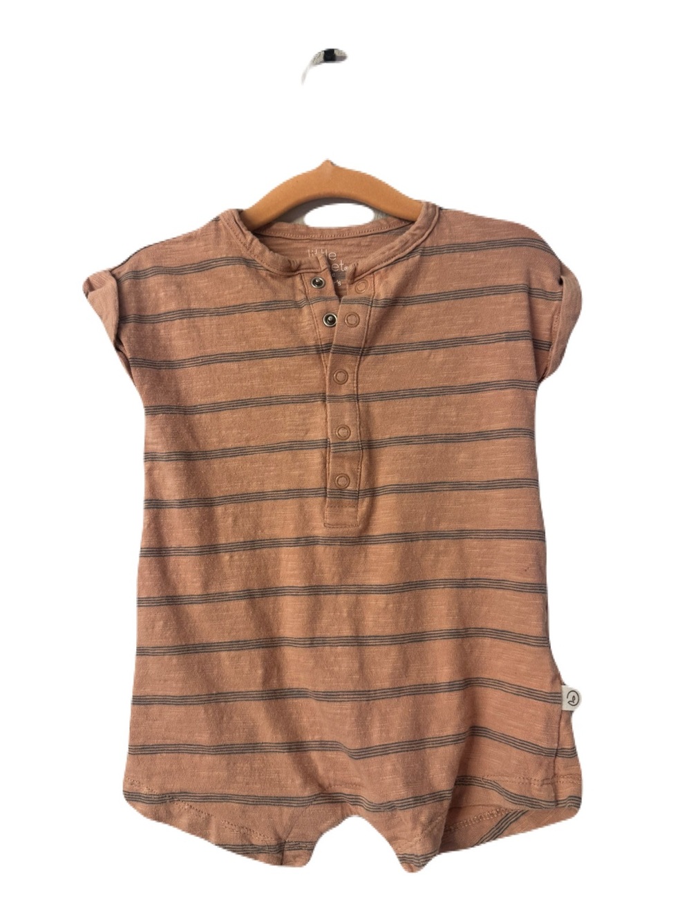 Little Planet by Carter’s Striped Rust Short-Sleeve Henley Romper for Baby